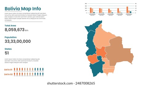 Bolivia political map of administrative divisions states, Colorful states in Bolivia map infographic, Bolivia Map Info, Bolivia Population.