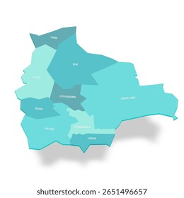 Bolívia mapa político de divisões administrativas - departamentos. Mapa de vetor turquesa 3D com rótulos de nome.