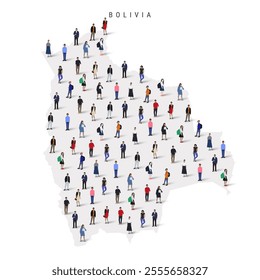 Bolivia population map. Large group of realistic a diverse crowd of people figures in a shape of Bolivian map. Flat vector illustration isolated on white.