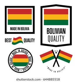 Bolivia quality isolated label set for goods. Exporting stamp with bolivian flag, nation manufacturer certificate element, country product vector emblem. Made in Bolivia badge collection.