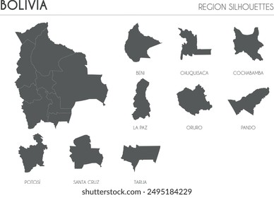 Bolivia region silhouettes set and blank map of the country isolated on white background. Vector illustration design