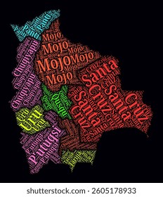 Bolivia Regions Word Clouds. Bright neon style design on a dark background. Region names of the country in the Spanish language. Country shape with administrative division. Artistic vector illustration.