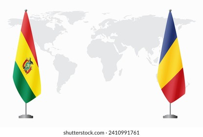 Bolivia and Romania flags for official meeting against background of world map.