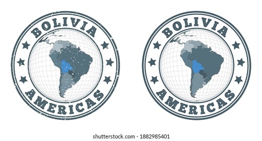 Logotipos redondos de Bolivia. Bandas circulares de un país con mapa de Bolivia en contexto mundial. Sellos de país simples y texturados. Ilustración vectorial.