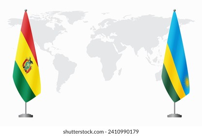 Bolivia and Rwanda flags for official meeting against background of world map.