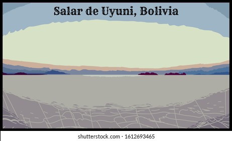 Bolivia, Salar de Uyuni. Retro poster, vector art illustration. Top most beautiful  and unique places on earth.