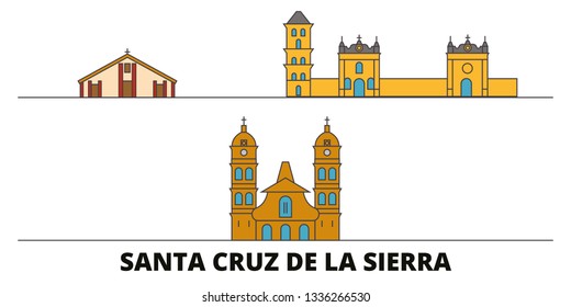 Bolivia, Santa Cruz De La Sierra flat landmarks vector illustration. Bolivia, Santa Cruz De La Sierra line city with famous travel sights, skyline, design. 