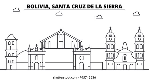 Bolivia, Santa Cruz De La Sierra architecture skyline buildings, silhouette, outline landscape, landmarks. Editable strokes. Urban skyline illustration. Flat design vector, line concept