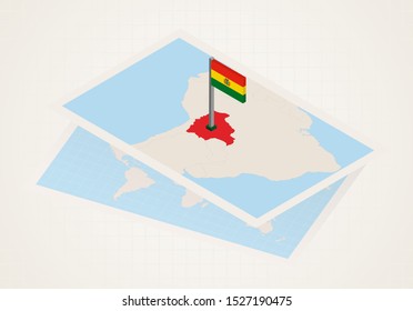 Bolivia selected on map with isometric flag of Bolivia. Vector paper map.