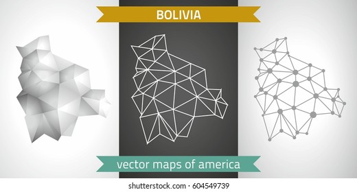 Bolivia set of grey and silver mosaic 3d polygonal maps.  Graphic vector triangle geometry outline shadow perspective maps