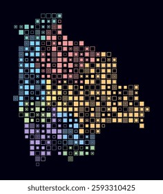 Bolivia, shape of the country built of colored cells. Digital style map of Bolivia on a dark background. Large size square blocks. Beautiful vector illustration.