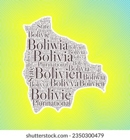 Bolivia shape formed by country name in multiple languages. Bolivia border on stylish striped gradient background. Vibrant poster. Artistic vector illustration.