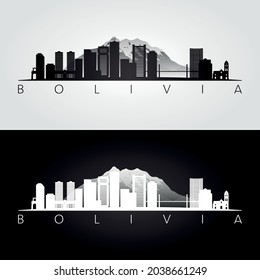 Bolivia skyline and landmarks silhouette, black and white design, vector illustration.