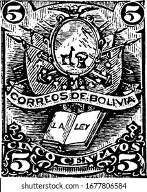 Bolivia Stamp (5 centavos) from 1876, a small adhesive piece of paper stuck to something to show an amount of money paid, mainly a postage stamp, vintage line drawing or engraving illustration.