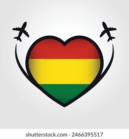 Bolivia Travel Heart Flag With Airplane Icons