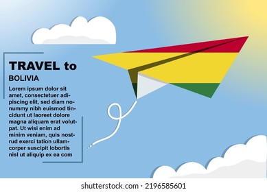 Bolivia Travel Vector Banner With Paper Flag And Text Space, Bolivia Country Flag On Paper Plane, Holiday And Vacation Concept, Summer Travel Template And Pattern, Flight Ticket Idea