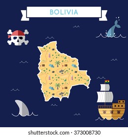 Bolivia treasure map in flat design. Colorful cartoon treasure map of Bolivia with flat design icons of pirate ship and jolly roger. Bolivia flat design vector illustration.