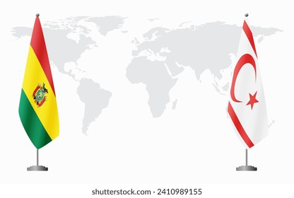 Bolivia and Turkish Republic of Northern Cyprus flags for official meeting against background of world map.