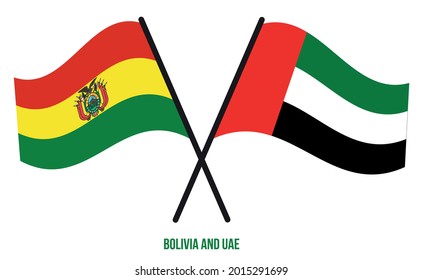 Bolivien und die VAE Flaggen überquert und schwingen flach. Offizieller Anteil. Korrigieren Sie Farben.