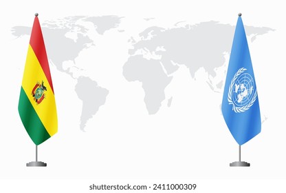 Bolivia and United Nations flags for official meeting against background of world map.