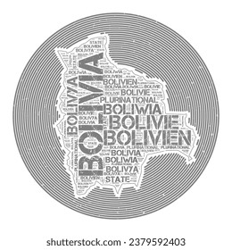 Imagen vectorial de Bolivia. Diseño de logotipo de campo. Afiche de Bolivia en arcos circulares y estilo nube de palabras. Ilustración vectorial moderna.
