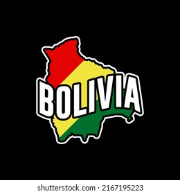 Bolivia vector map silhouette illustration isolated on black background. Sticker, made in Bolivia, map, silhouette, flag, emblem, identity, nation.