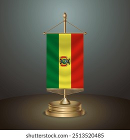 Bandeira de mesa vertical da Bolívia com polo dourado no fundo de gradiente escuro, Modelo banner vetorial Ilustração