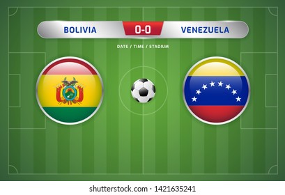 Bolivia vs Venezuela scoreboard broadcast template for sport soccer south america's tournament 2019 group A and football championship vector illustration