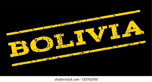Bolivia watermark stamp. Text tag between parallel lines with grunge design style. Rubber seal stamp with unclean texture. Vector yellow color ink imprint on a blue background.