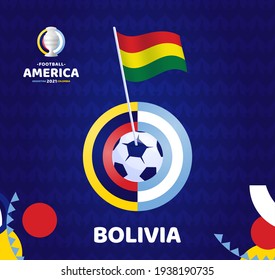 Bolivia wave flag on pole and soccer ball. South America Football 2021 Argentina Colombia vector illustration. Copa america 2021 Tournament pattern background