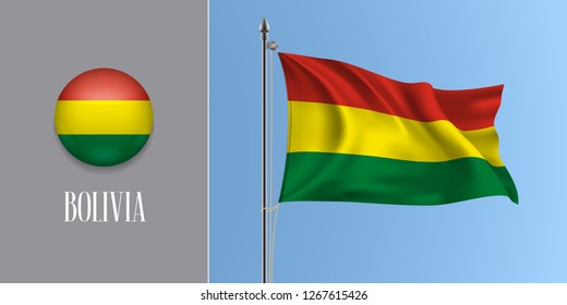 Bolivia waving flag on flagpole and round icon vector illustration. Realistic 3d mockup of yellow green red Bolivian flag and circle button 