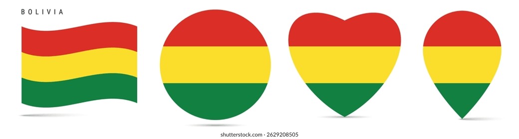 Bolivia waving flag, round circle sticker badge, heart shaped icon, map pin. Bolivian flag buttons of different shapes. Vector illustration isolated on white.