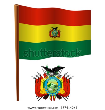 bolivia wavy flag and coat of arms against white background, vector art illustration, image contains transparency