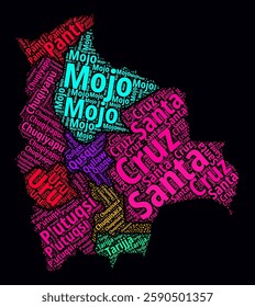 Bolivia word cloud. Region names of the country in Spanish language. Bright neon style design on dark background. Bolivia shape with administrative division. Vibrant vector illustration.