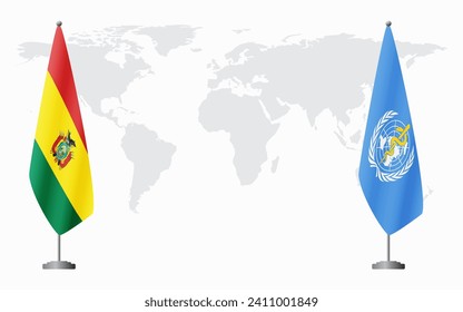 Bolivia and World Health Organization flags for official meeting against background of world map.