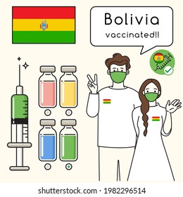 Bolivia : Young man and woman presenting vaccination for immunity health with national flag and vaccine choices : Vector Illustration