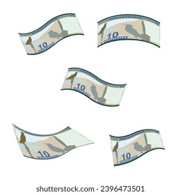 Bolivian Boliviano Vector Illustration. Bolivia money set bundle banknotes. Falling, flying money 10 BOB. Flat style. Isolated on white background. Simple minimal design.