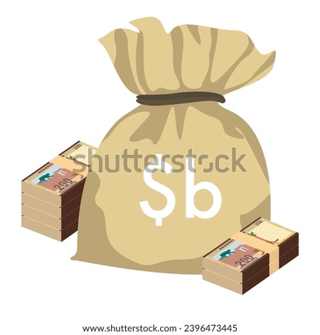 Bolivian Boliviano Vector Illustration. Bolivia money set bundle banknotes. Money bag 200 BOB. Flat style. Isolated on white background. Simple minimal design.