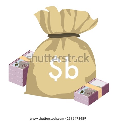 Bolivian Boliviano Vector Illustration. Bolivia money set bundle banknotes. Money bag 50 BOB. Flat style. Isolated on white background. Simple minimal design.