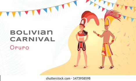 Bolivian carnival flat banner vector template. Happy latino entertainers in authentic aztec costumes cartoon characters. National south american holiday, traditional Oruro party poster layout