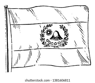 Bolivian Flag, this flag is divided into three equal horizontal bands, it has sun, mountain, flowers and  laurel wreath into middle band, vintage line drawing or engraving illustration 