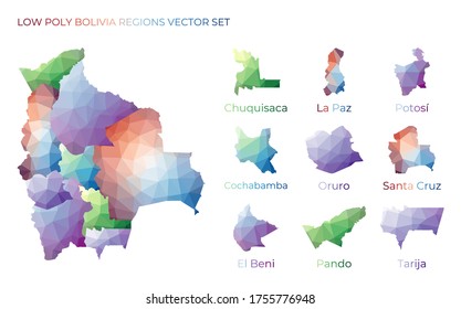 Bolivian low poly regions. Polygonal map of Bolivia with regions. Geometric maps for your design. Attractive vector illustration.
