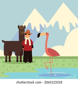 Bolivian Man, Flamingo And Llama