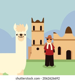 Bolivian Man And Llama Cartoon