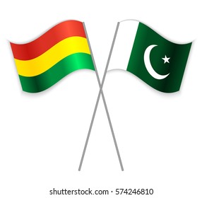 Bolivian and Pakistani crossed flags. Bolivia combined with Pakistan isolated on white. Language learning, international business or travel concept.