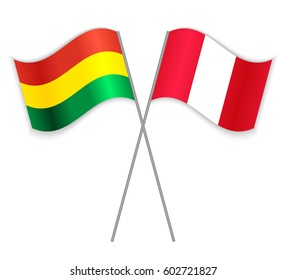 Bolivian and Peruvian crossed flags. Bolivia combined with Peru isolated on white. Language learning, international business or travel concept.