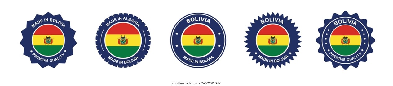 Bolivian product label set. Bolivian flag, premium made in Bolivia. Labels, seals, stamps, flags, icons