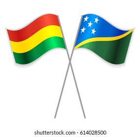 Bolivian and Solomon Island crossed flags. Bolivia combined with Solomon Islands isolated on white. Language learning, international business or travel concept.