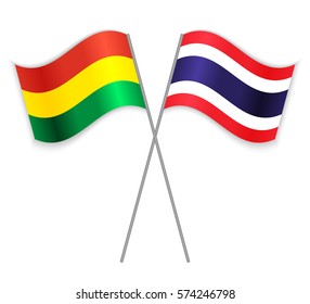 Bolivian and Thai crossed flags. Bolivia combined with Thailand isolated on white. Language learning, international business or travel concept.