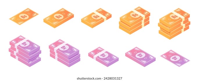 Boliviano and Venezuelan Bolivar Banknote Isometric Icon Set